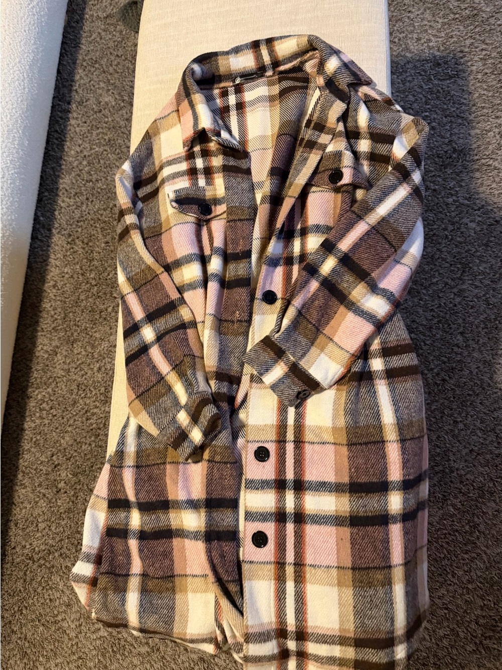 Plaid Long Trench Coat in Pink & Brown - Women's